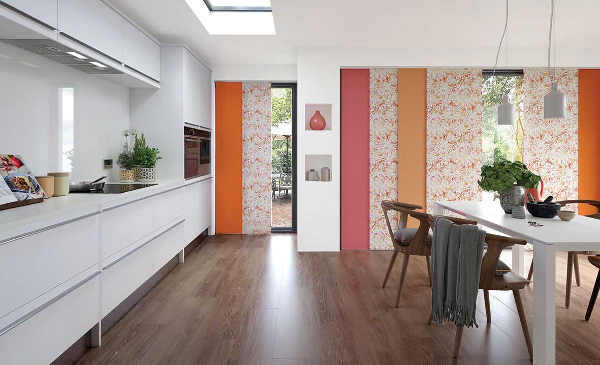 Designer Fabric Mixed Sliding Panel Blind with Tropicana Singapore Carnival Coral and Sunset Panels